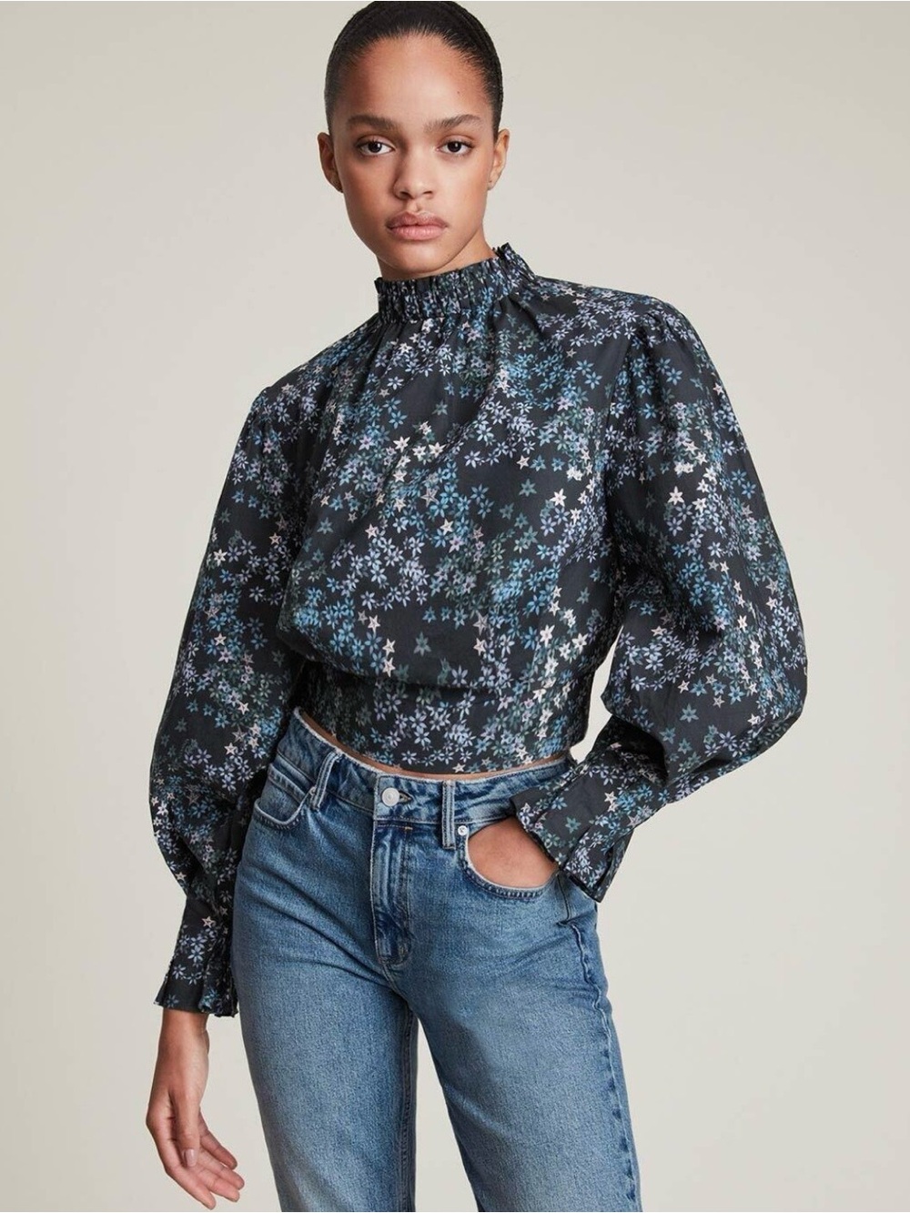 All Saints Black Floral High-Neck Puff Sleeve Crop Top
